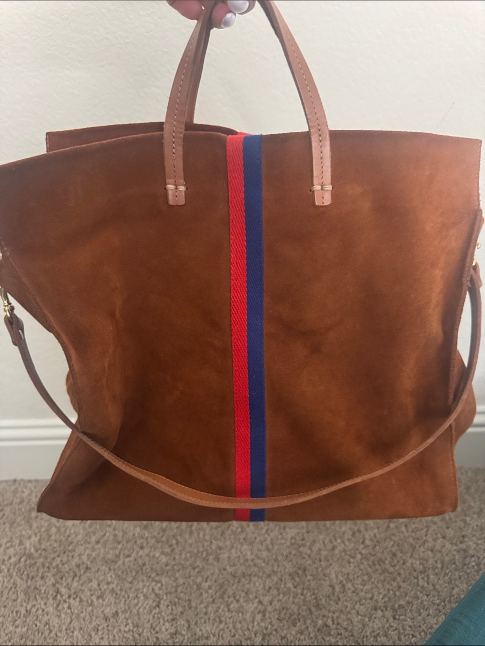 Clare V Brown Leather Tote with Red and Blue Stripe